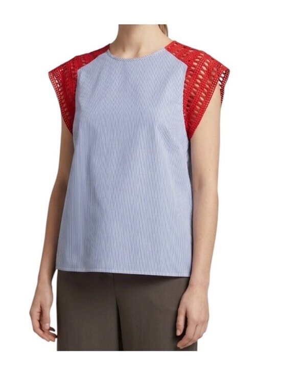 Maeve Tops - Anthropologie MAEVE Preppy Striped Poplin Crochet Blouse Top Size Medium